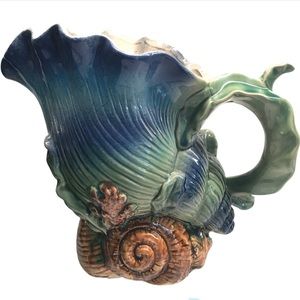 French Rare Ceramic Majolica Seaside Upturned Conch Seashell Pitcher Jug